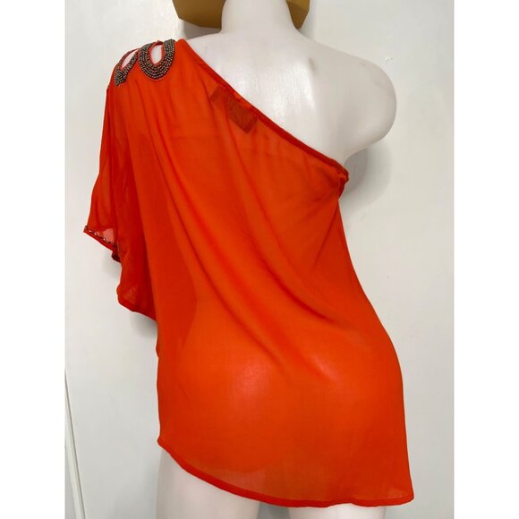 Camille La Vie One Shoulder Orange Blouse Draped Beaded Top Women Size Large - Picture 2 of 9